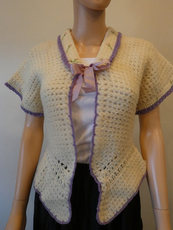 Beautiful Crocheted Beige Cardigan with Lilac Trim