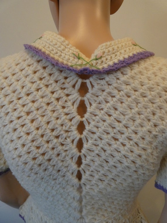 Beautiful Crocheted Beige Cardigan with Lilac Tri… - image 7