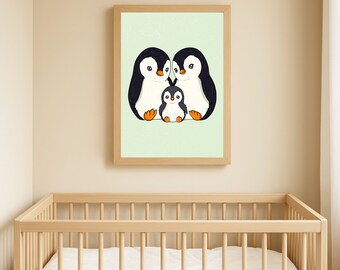 Penguin Family Nursery Print: Pastel Arctic Animal Wall Art