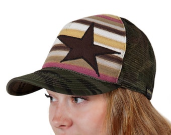 Trucker kapelusz, baseball, kapelusz, Custom, haftowane, paski, gwiazda, Camo, brązowy, Laguna, Cap, Unisex, SnapBack, kapelusz męski, kapelusz damski, Kolonia