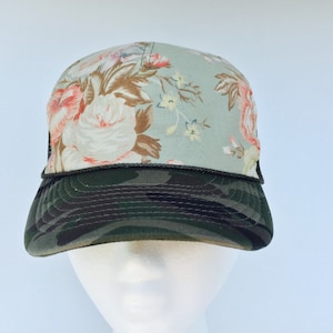 Floral Trucker Hat. Vintage Rose on camo Trucker Cap. Flower Sun Hat, Boho headpiece, Gift for her, Christmas Gift