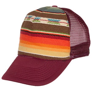 Trucker hat, baseball, hat, custom, maroon, striped, mexican, textile, Bocana, cap, unisex, snapback, men's hat, women's hat, colony