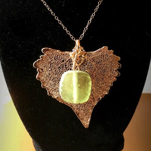 Rare Ancient Roman Glass and Rose Gold Dipped Cottonwood Leaf Necklace