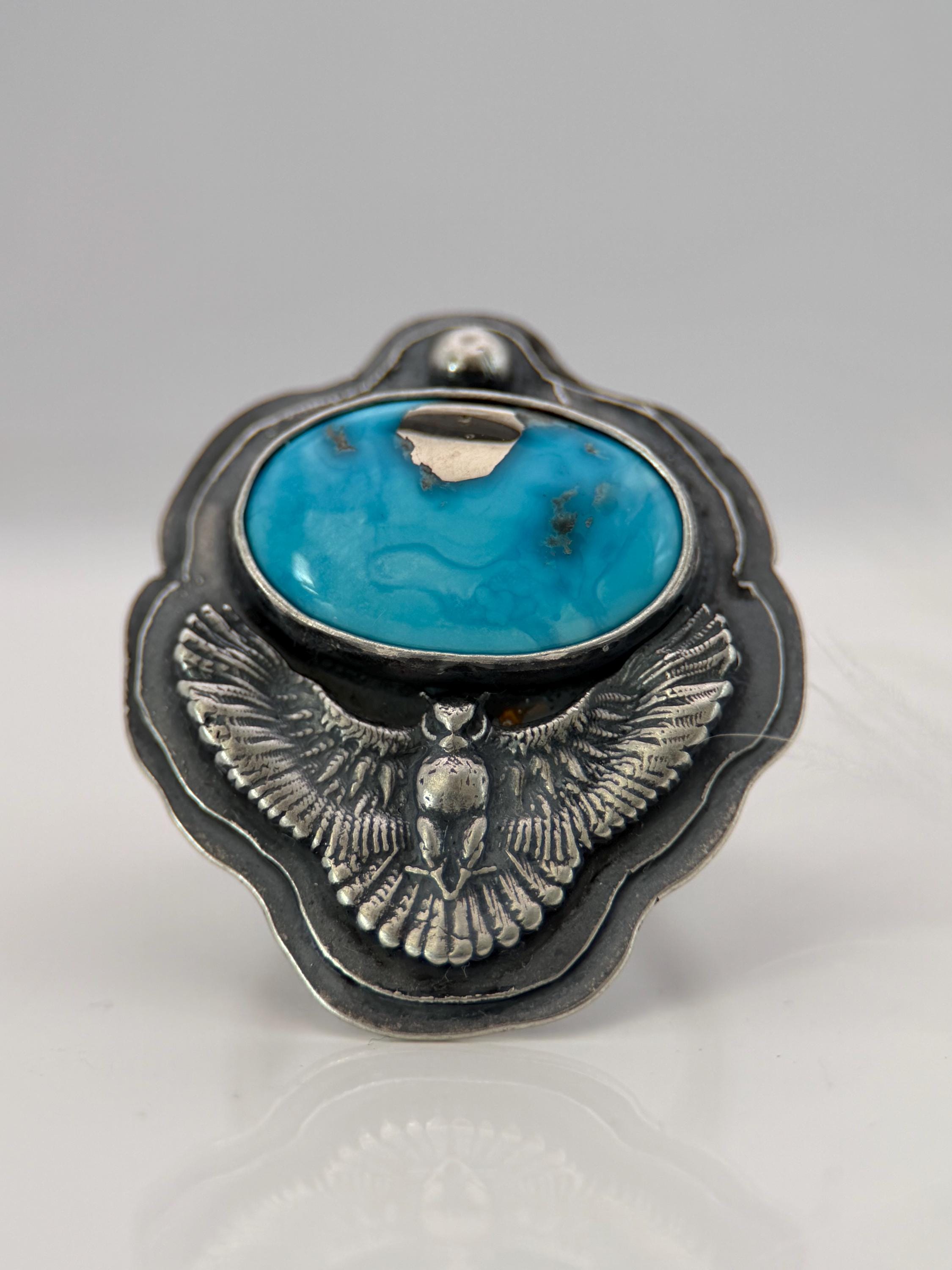 Bluebird Turquoise Silver Owl Ring