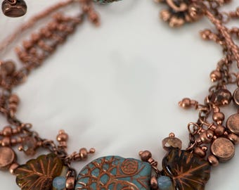 Medium Copper Owl Czech Glass Bracelet and Earrings Set