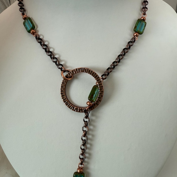 Lariat Aqua Czech Glass and Antique Copper Necklace