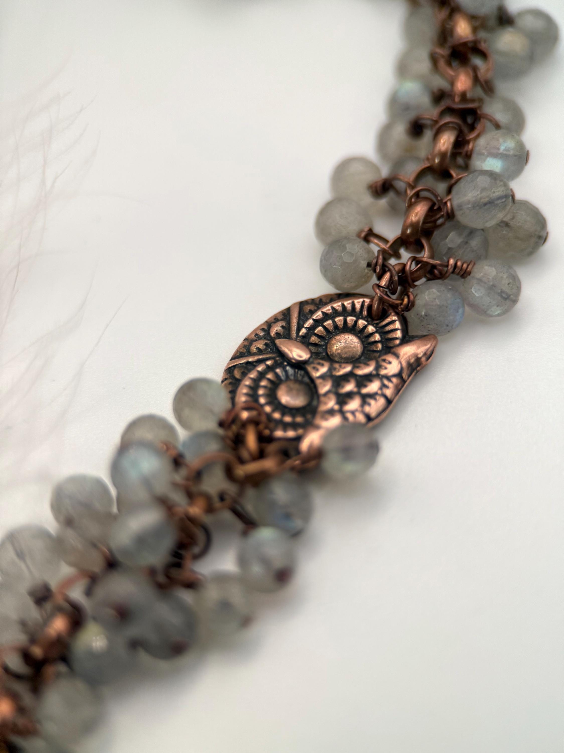 Medium Antique Copper and Labradorite Owl Bracelet