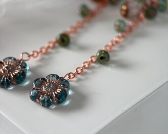 Copper Czech Glass Rose Earrings