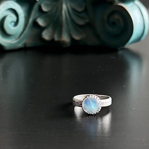 Round Rainbow Moonstone Solitaire Stacking Ring - Size 7.75 ~ Sea Ice Collection