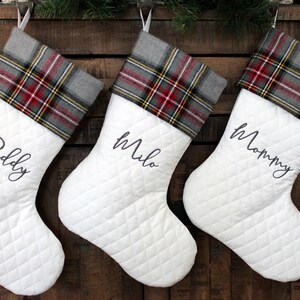 Personalized Christmas Stockings for Family with Gray Plaid Flannel Cuff - Stocking Sets, Farmhouse, Rustic, Embroidered with Name