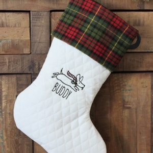Personalized Christmas Stocking for Dog - White Quilted Stocking with Plaid Flannel Cuff - Embroidered with Dog Design and Pet Name