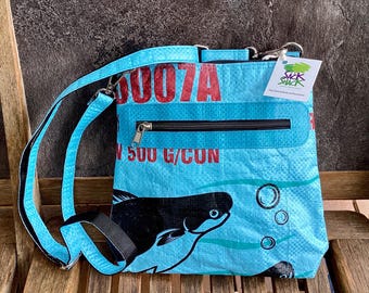 Shoulder Bag - “Jessica” - Light Blue/Black (Recycled Sack)