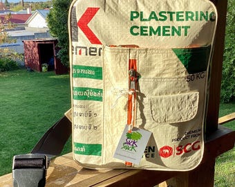 Crossbody Messenger Bag - Recycled Cement Sack - “Elly” - K Plastering Cement