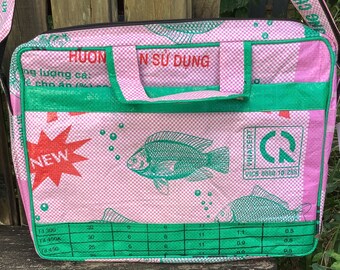 Laptop Bag - Recycled Sack - Pink & Green - Green Fish