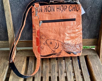 Shoulder Bag - “Jessica” - Orange/Black (Recycled Sack)