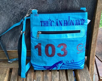 Shoulder Bag - “Jessica” - Blue/Red (Recycled Sack)