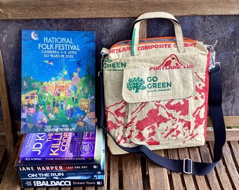Book / Art Bag  - Recycled Cement Sack - Mountains Go Green