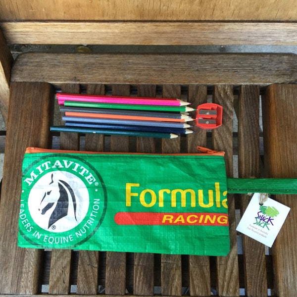 Shack Sack Pencil Case - Recycled Horse Feed Sack - Formla Racing