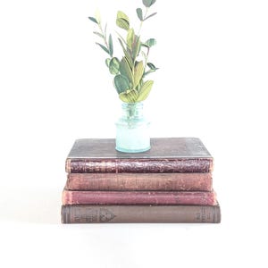 May include: A stack of three antique books with burgundy and brown covers, topped with a small, light blue glass bottle holding green and yellow leaves. The books are arranged on a white background.