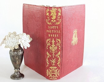 Vintage Poem Book Scott's Poetical Works Sir Walter Scott 1849 English Literature Red Leather Hardcover Antique Coffee Table Valentines Day