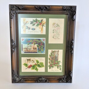 Weihnachtspostkarten-Wand-Kunst-Katzen-Vogel-Holly-Bild-viktorianische Postkarten-grüne braune Farben erarbeiten Vintage Holzrahmen-Weihnachtsdekor