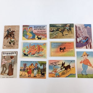 1909-1940 Commedia Cartoline Lotto di 10 Vintage Racy Novelty Cards Carte comiche Spiaggia Vecchie auto Animali Francobolli rari Corrispondenza storica