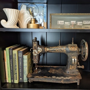 Vintage White Rotary Sewing Machine: Rustic Industrial Bookend Decor