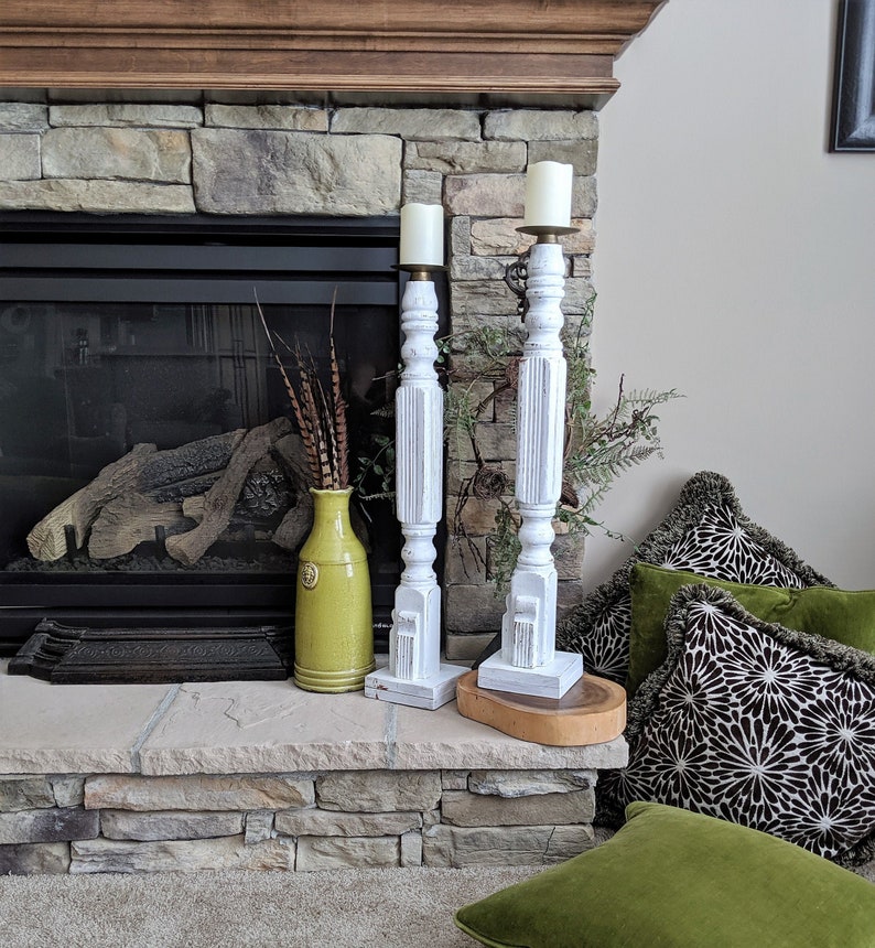 Floor Candle Stands Pair Re Purposed Table Legs White And Brass Wedding Decor Event Farmhouse Style Chippy Paint Architectural Finds