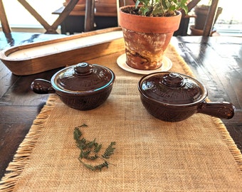 Vintage Petite Brown Soup Bowls with lids Western Stoneware Mid Century Pottery French Onion Soup Housewarming Gift Ramekins with handles