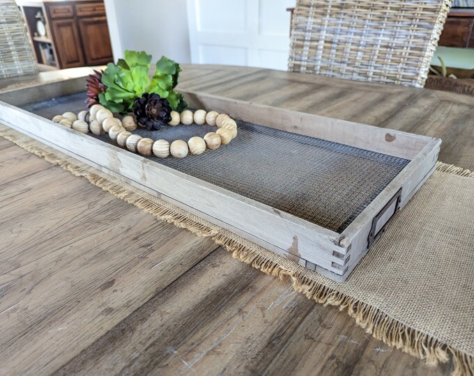 Table Tray Primitive Wood Sifter Box Farmhouse Centerpiece Wire Grain ...