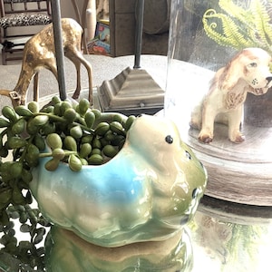 Vintage Frog Pottery Planter: Blue Green Ceramic Bulb Vase