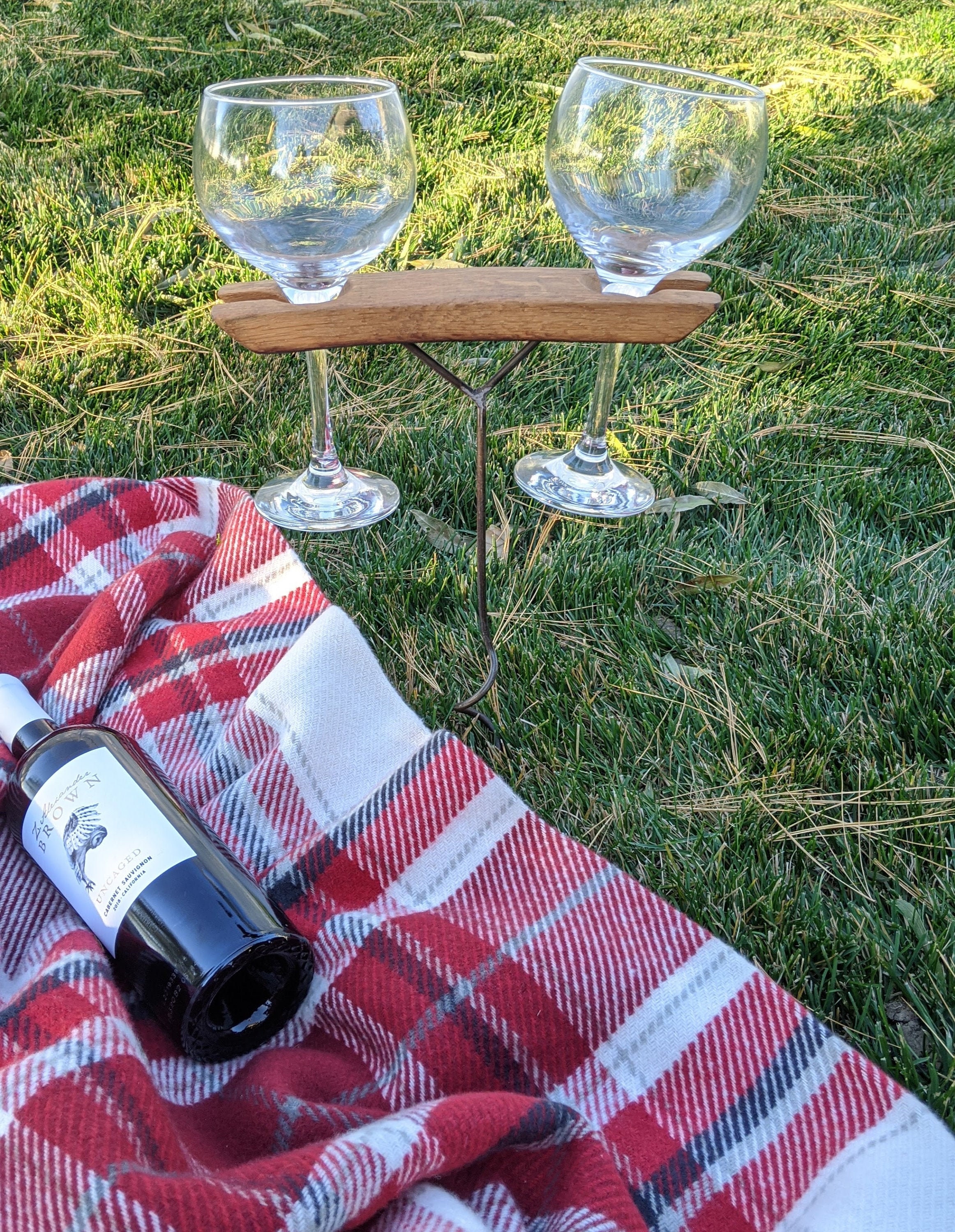 Wine Glass Holder Yard Stake Beverage Cup Holder Metal Oak Etsy