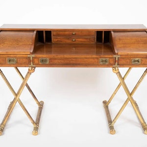 Mid 20th Century Vintage Drexel Campaign Low Roll Top Desk with Gilt X-Base Legs