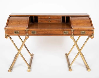 Mid 20th Century Vintage Drexel Campaign Low Roll Top Desk with Gilt X-Base Legs