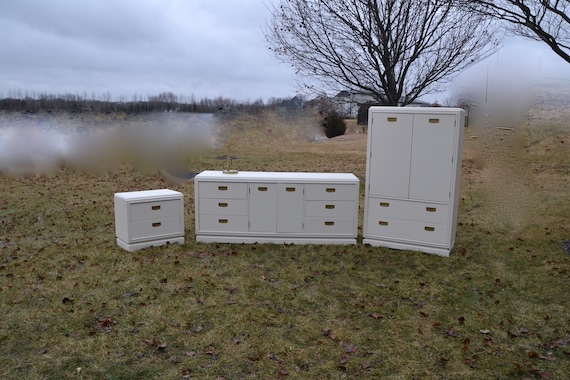 Campaign Bedroom Set 3 Piece Dresser Armoire Chest Nightstand Brass Hardware