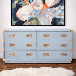 campaign dresser blue Campaign Six Drawer Dresser Finish in the Smoky Blue With Brass Hardware