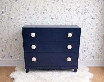 navy blue dresser with gold knobs Koehler wood dresser finished in a navy .or any color . Can choose a  different hardware knob