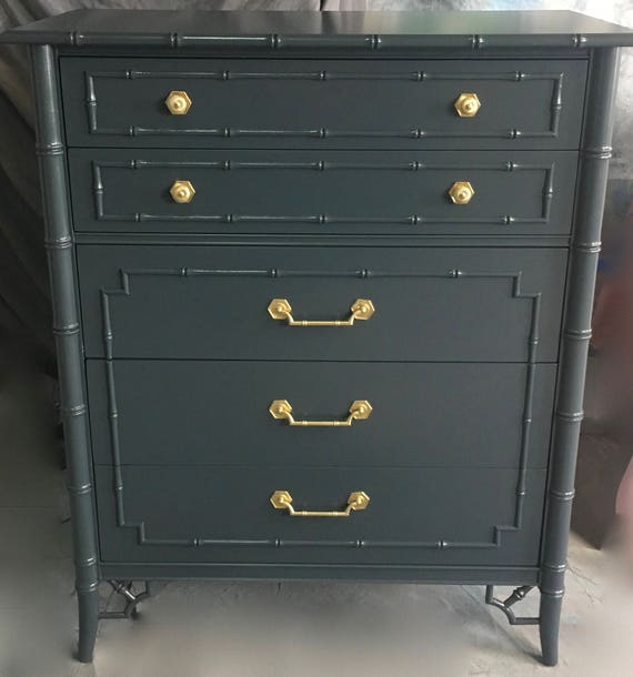 Sold Thomasville Faux Bamboo Chest Dark Grey Brass Etsy