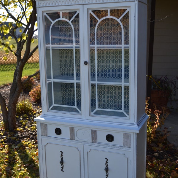 Small Sweet Vintage white China cabinet  linen storage. White glazed slighly distressed piece