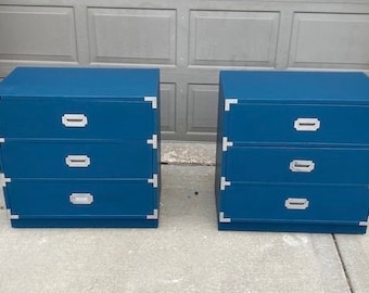 Pair of large campaign nightstands. chrome hardware