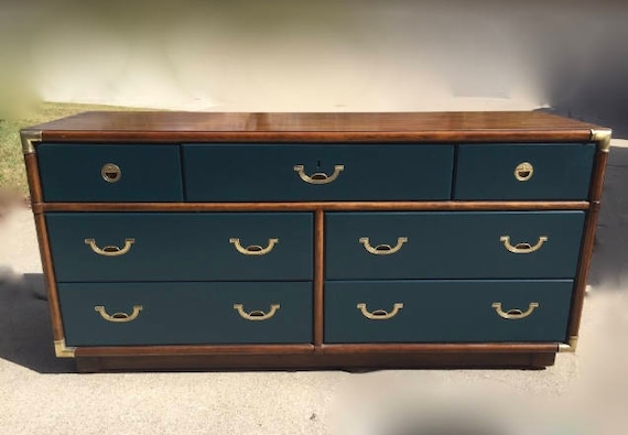 blue campaign dresser Mid Century Campaign Style Highboy Dresser in Blue - Newly Painted
