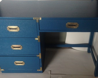 Campaign Desk customize !!Hollywood Regency Great Brass inset  hardware.. Vintage painted Desk