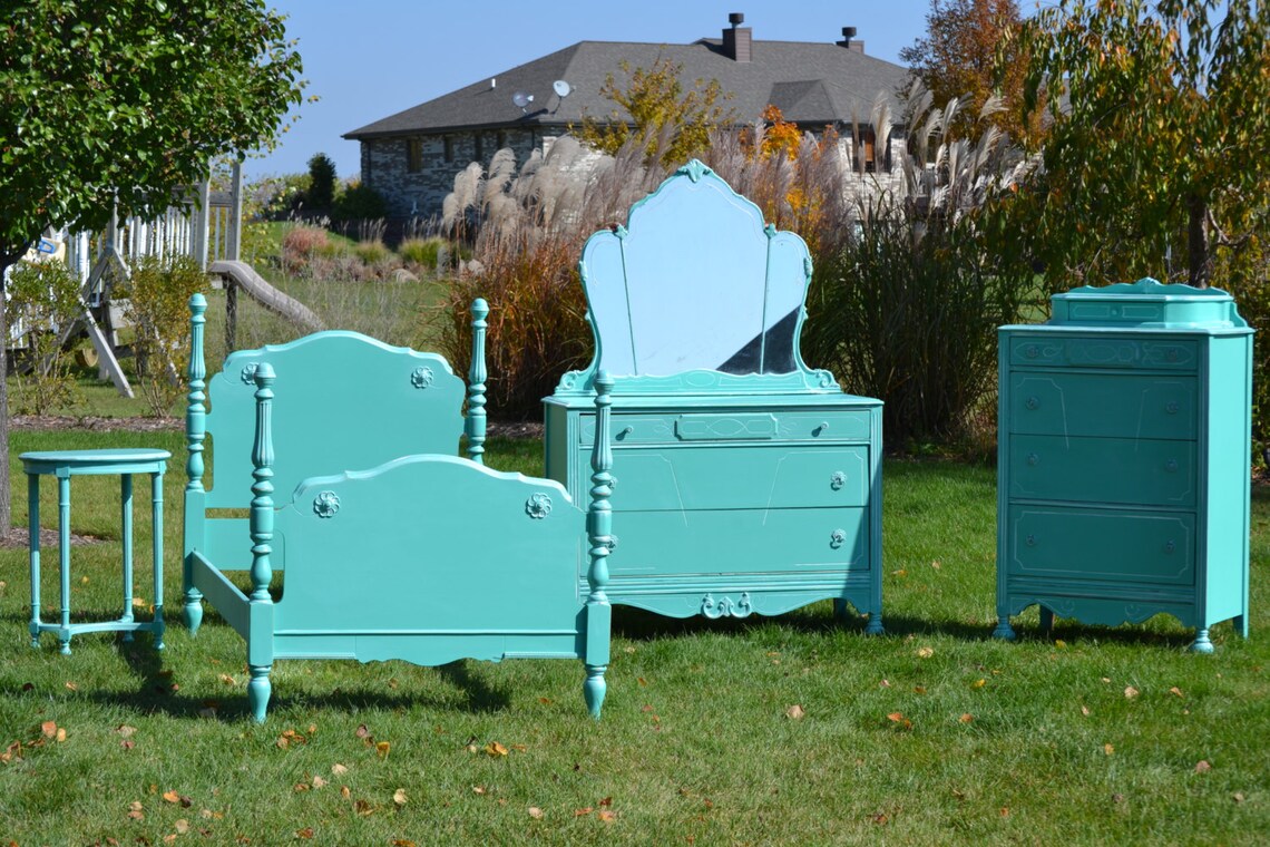 Dresser & Mirror Vibrant Green Vintage painted repurposed Etsy