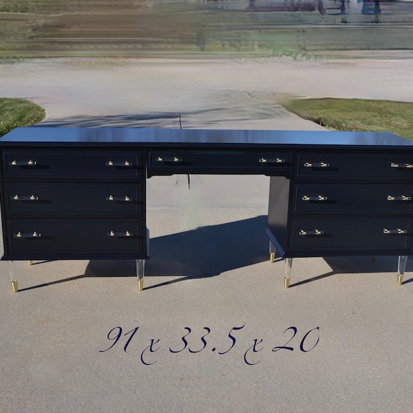 SALE Long Cabinet/ vanity / desk area / console. so many uses . Navy lacquer . brass and lucite legs