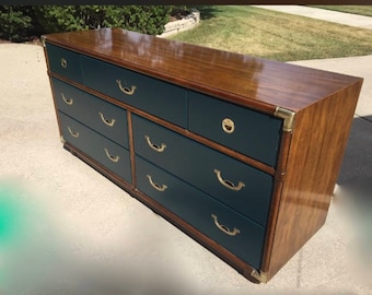 campaign style Drexel Navy and walnut finish dresser