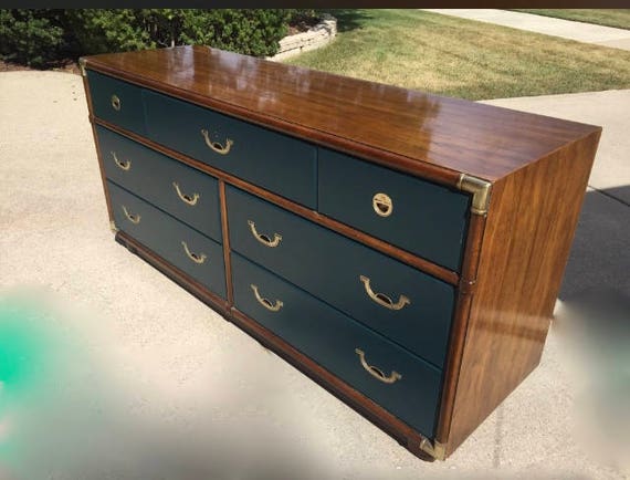 Sold Campaign Style Drexel Navy And Walnut Finish Dresser Etsy