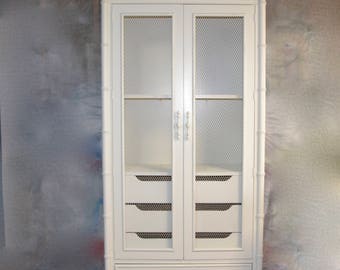 SOLD Armoire/  Finished White/ Many use Faux Bamboo /bookshelf/china cabinet/ bedroom