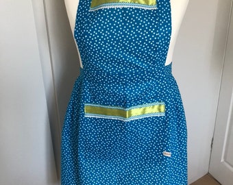 Blue spotted ladies apron Full length ladies apron Dotty blue ladies apron