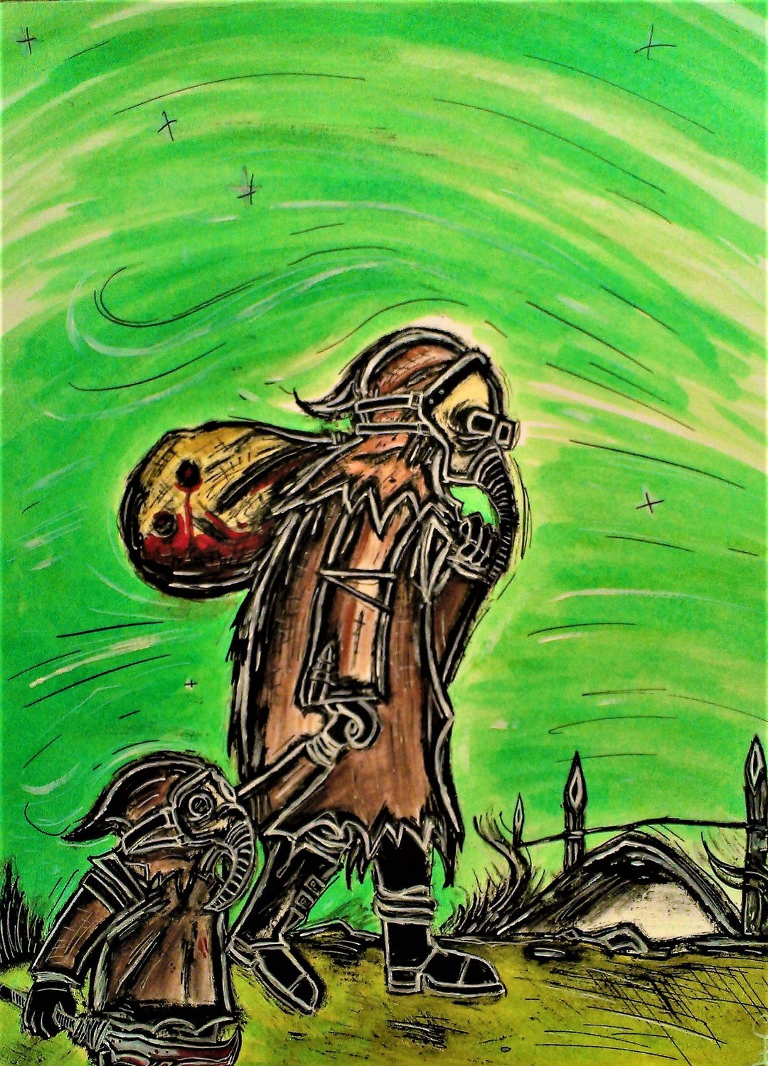 Original Painting. Cute. Scary. family Ink and Acrylic on Paper 9x12 Etsy