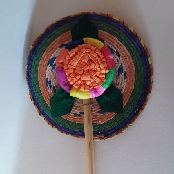 Handmade Folk Art Fan - Mexican Craft - Straw Fan with Cornhusk Flower - Keep Cool! - Signed Piras Negras, Mexico -